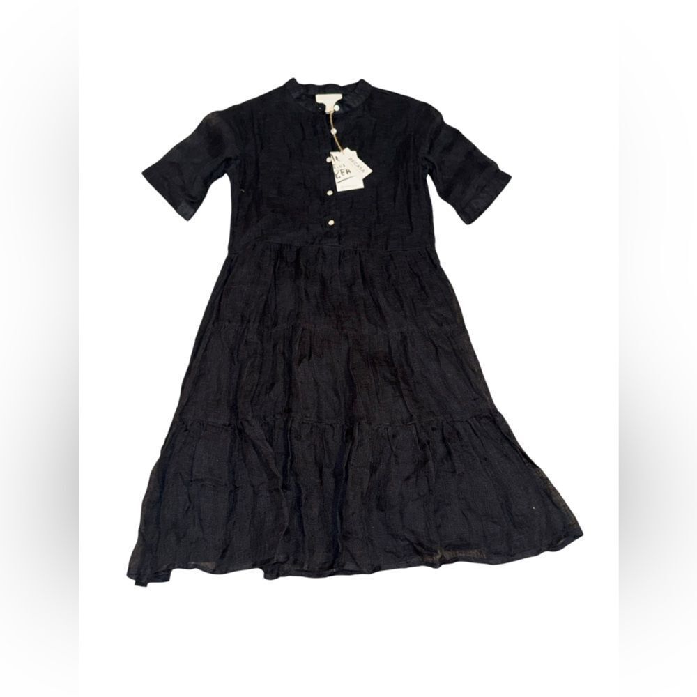 Nwt Becasa 100% Linen Black Dress With Tiered Mini Short Sleeve Dress Sz Small — image 3 of 7